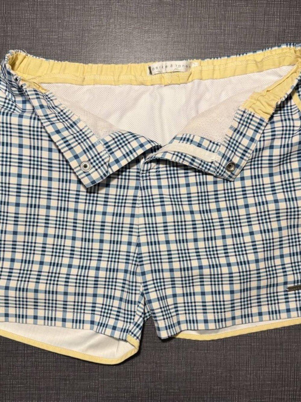 Parked and Ronen Blue/White Gingham Swim Shorts w/ Lemon Yellow Trim Sz 30 4" In